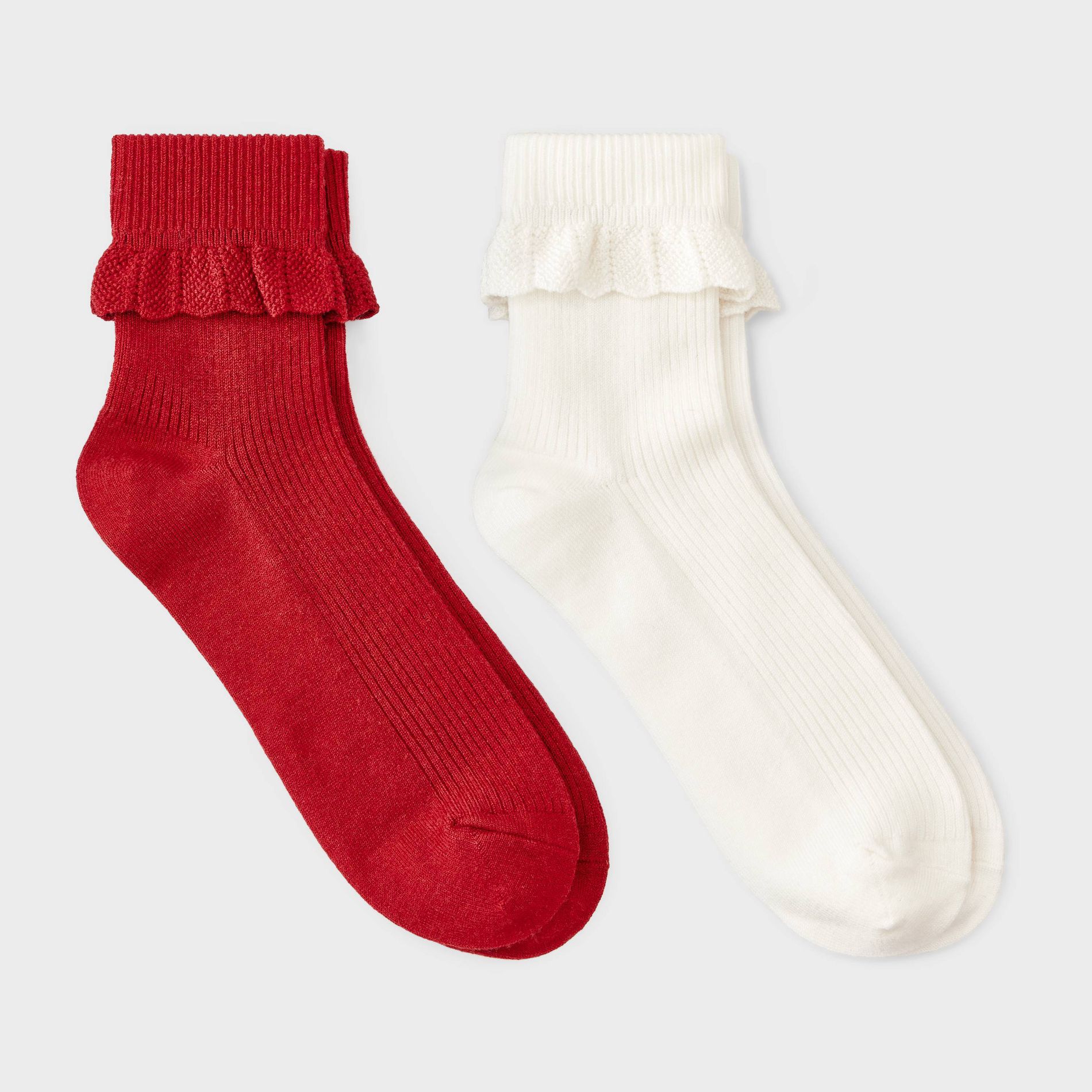Women's Pointelle Scallop Turn-Cuff 2pk Ankle Socks - Auden™ Red/Ivory 4-10