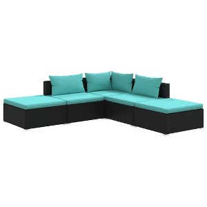 vidaXL 5 Piece Patio Lounge Set - Black Poly Rattan Garden Furniture with Water Blue Cushions, Modular Design & Durable Waterproof Material - 1 of 4