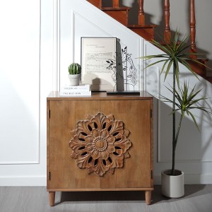 Rustic Hand-Carved Wooden 2-Door Cabinet, Boho Accent Storage Sideboard with Floral Design for Living Room, Entryway - 1 of 4