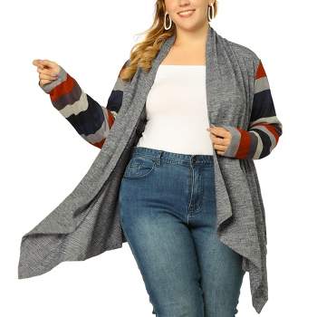 Agnes Orinda Women's Plus Size Outerwear Asymmetric Colorblock Open Front Knit Cardigan