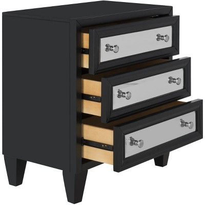 Transitional Black Mirrored 3-Drawer Chest, 25" W