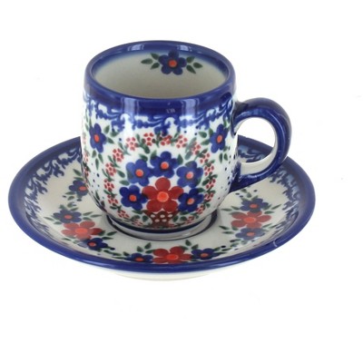 Blue Rose Polish Pottery Old Fashion Espresso Cup & Saucer