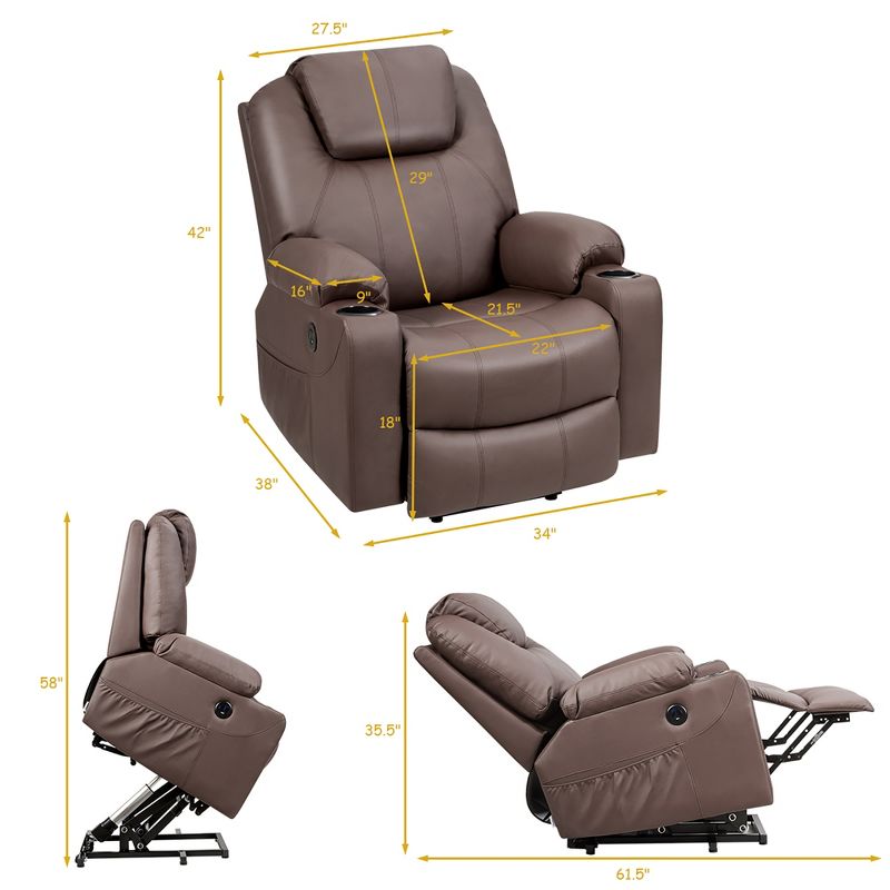 Costway Electric Recliner Chair Massage Sofa Leather w/ USB Charge Port Brown\Black, 3 of 11