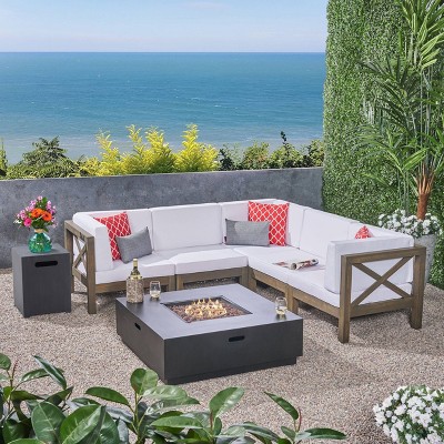 Culatra 7pc Acacia Sectional Sofa Set with Fire Pit - Gray/White/Dark Gray - Christopher Knight Home