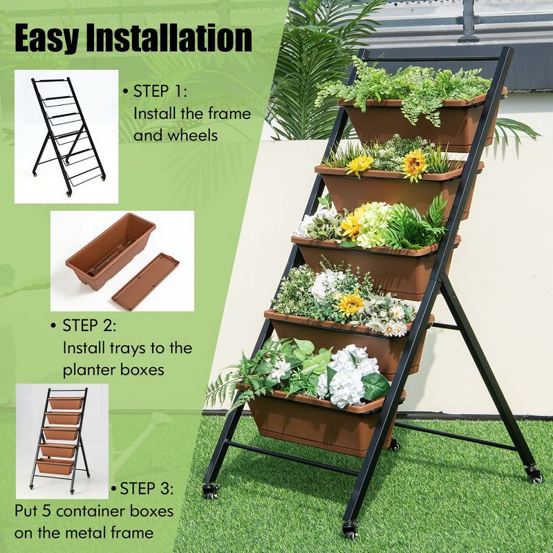 Costway 5-Tier Vertical Raised Garden Bed Elevated Planter with Wheels & Container Boxes Brown, 5 of 13
