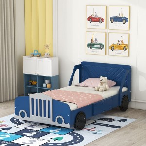 CAVINAS Twin/Full Size Car-Shaped Platform Bed with Wheels,Plywood Bed Frame for Kids Room,Bedroom - 1 of 4