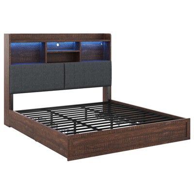 AMERLIFE LED Bed with 4 Storage Drawers, Bookcase Headboard and Charging Station
