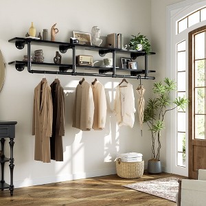 Aheaplus 2 Tiers Heavy Duty Pipe Clothing Shelves with Hanging Rod, 47-73in Space-Saving Wall Mounted Clothing Rack with Top Shelf - 1 of 4