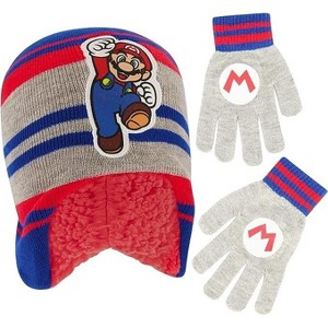 Super Mario Winter Hat and Gloves Set, Kids Ages 4-7 (Gray/Blue Design) - 1 of 2