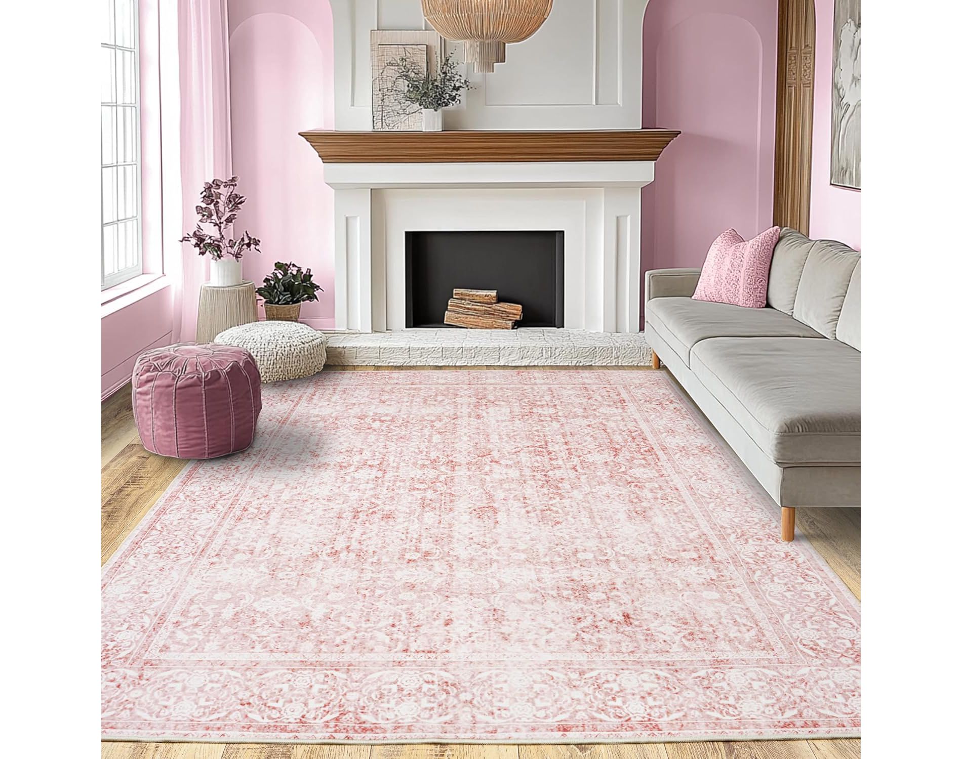 LOVEVOOK 8x10 Feet Pink Vintage Floral Area Rug For Living Room, Washable Flower Printed Rugs for Bedroom Dining Room Office Non Slip Carpet