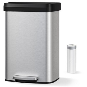 13 Gallon / 50L Metal Trash Can, Large Garbage Can with Liner Rim, Rear Handle, Soft Close Plastic Lid - 1 of 4