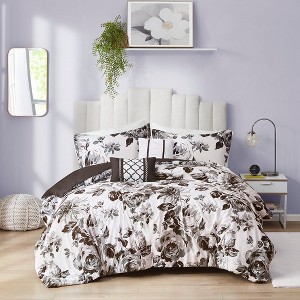 Okak Twin/Full/King 5-Piece White+Black Floral Printed Bed Comforter Set with Shams,Comfortable Lightweight Comforter Bedding Sets - 1 of 4