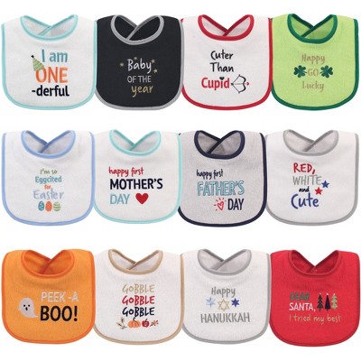 Hudson Baby Infant Cotton Terry Drooler Bibs with Fiber Filling 12pk, Holiday Baby, One Size