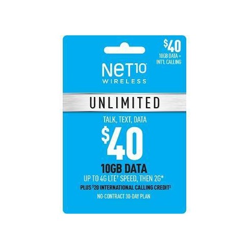 Net10 $40 Unlimited 30-day Talk/text/data Prepaid Card (email Delivery ...