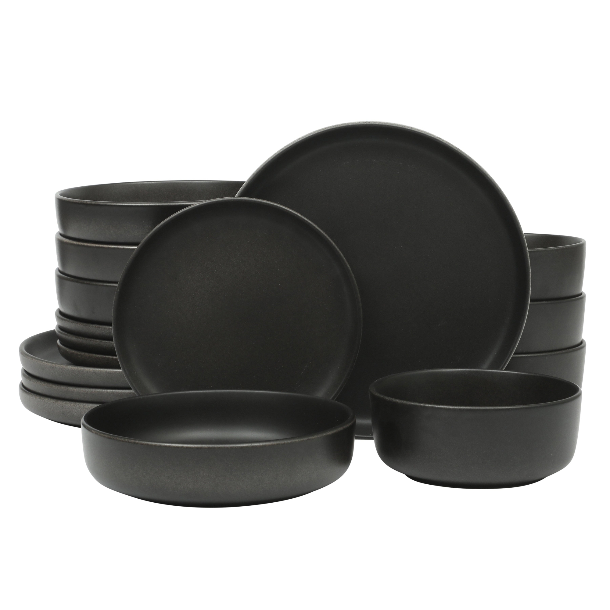 Gibson Elite Pasco 16 Piece (Service for 4) Plates and Bowls Double Bowl Reactive Glaze Dishes Stoneware Ceramic Dinnerware Set Matte Black
