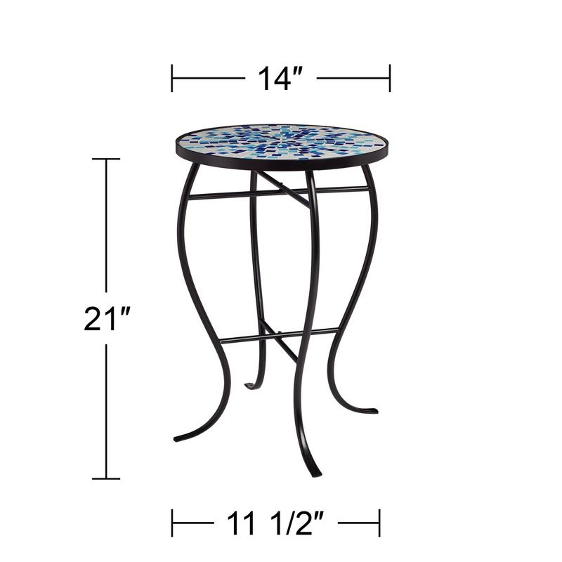 Teal Island Designs Modern Black Round Outdoor Accent Side Tables 14" Wide Set of 2 Multi Blue Mosaic Tabletop Front Porch Patio Home House, 4 of 10