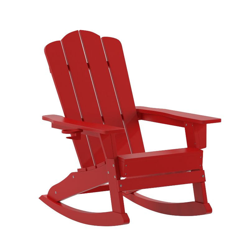 Merrick Lane Adirondack Rocking Chair with Cup Holder, Weather Resistant HDPE Adirondack Rocking Chair in Red, 1 of 11