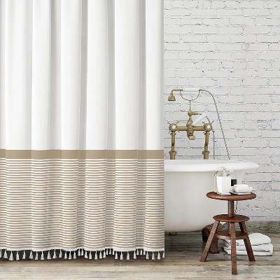LunaLulinlk Beige Shower Curtain White Striped Tassel Shower Curtains