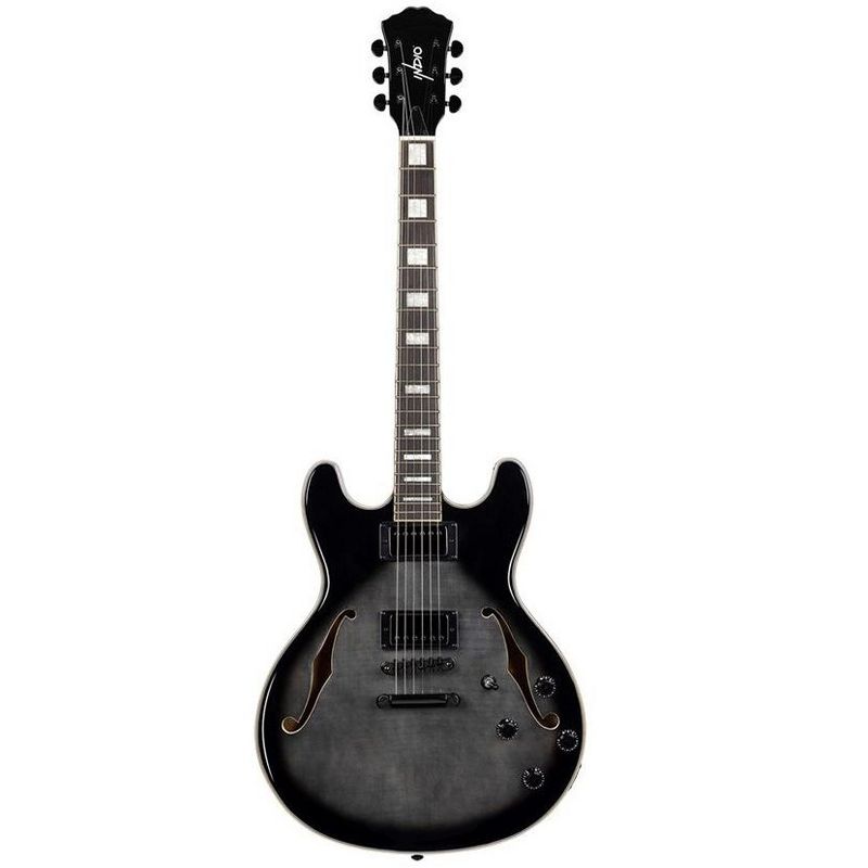 Monoprice Indio Boardwalk Flamed Maple Hollow Body Electric Guitar - Charcoal, With Gig Bag, 1 of 7