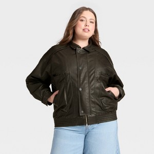 Women's Relaxed Faux Leather Bomber Jacket - Universal Thread™ Black - 1 of 3