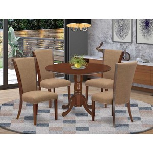HomeStock Dining room table set of 4 kitchen chairs with Linen Fabric Light Sable color and a dining table with Mahogany Finish - 1 of 4