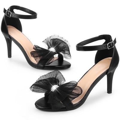 Perphy Women's Rhinestone Mesh Bow Ankle Strap Stiletto Heel Sandals