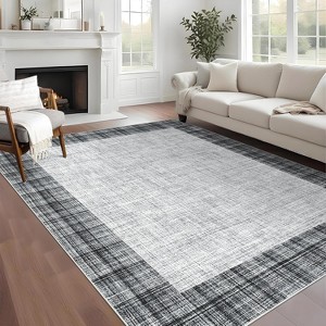 Washable Runner Rug Plaid Border, Non-Slip Low Pile Neutral Carpet, Stain Resistant Soft Rug for Hallway Entryway Kitchen - 1 of 4