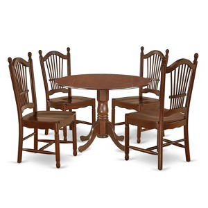 HomeStock 5-Piece Round Mahogany Finish Solid Wood Top Dining Table with 4 Chairs with Drop Leaf - 1 of 4