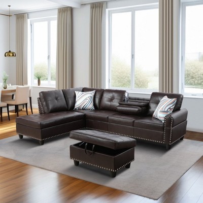 DOMETOUR Brown Faux Leather Synthetic Leather 3-Piece Sofa Set  (Sofa+Chaise+Ottoman)