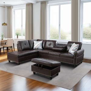DOMETOUR Brown Faux Leather Synthetic Leather 3-Piece Sofa Set  (Sofa+Chaise+Ottoman) - 1 of 4
