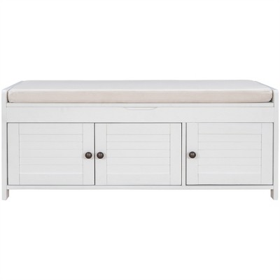 COWLOWN Rustic Storage Bench with 3 Shutter Doors, Multi-Functional Shoe Bench with Hidden Storage & Removable Cushion