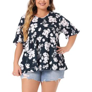 Agnes Orinda Women's Plus Size V Neck Floral Tiered Pleated Basic Casual Babydoll Blouses