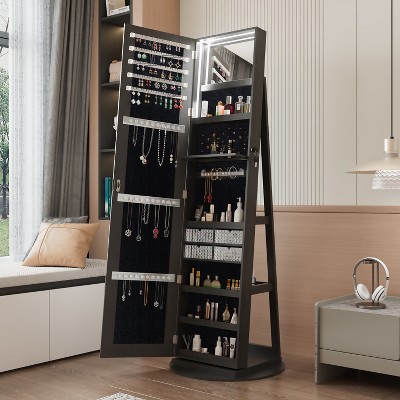 KWPZQEB 360° Swivel Jewelry Cabinet, Lockable Jewelry Organizer with Full-Length Mirror, Rear Storage Shelves, Jewelry Armoire for Bedroom