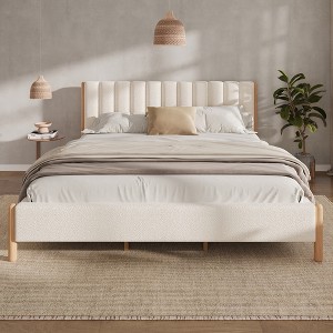 APRILSOUL Bed Frame with Boucle Upholstered Thick Headboard, Solid Wooden Legs, White - 1 of 4