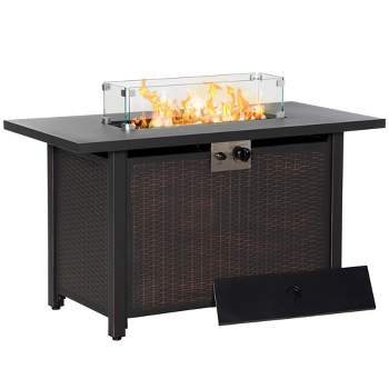 Outsunny 43" Fire Pit Table, Rectangle Propane Fire Table, 50,000BTU, with Glass Wind Guard, Blue Glass Rock, Lid, Auto Ignition, CSA Certification