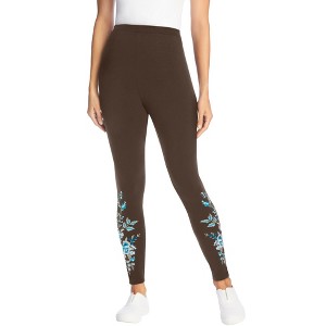 Woman Within Stretch-Cotton Knit Pull-On Embroidered Leggings - 1 of 4