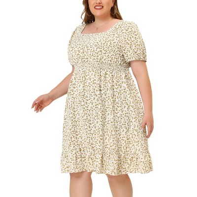 Agnes Orinda Women's Plus Size Floral Smocked Waist Ruffle Hem Square Neck Short Sleeve Casual A Line Midi Dresses
