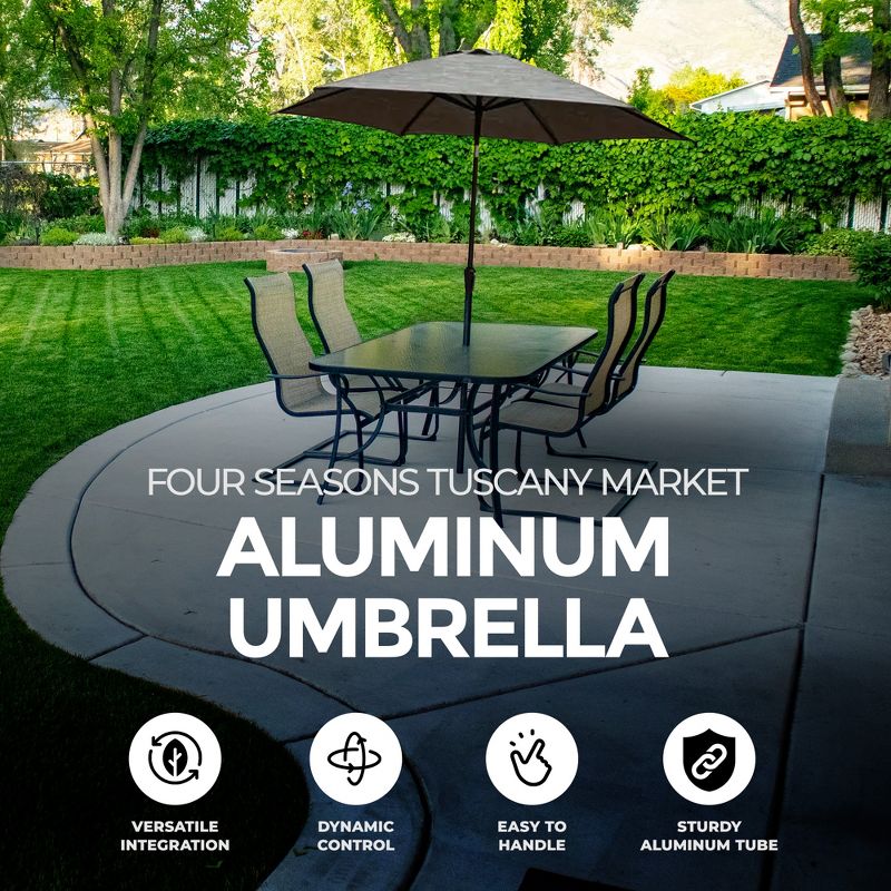 Four Seasons Courtyard 9 Foot Tuscany Market Umbrella Round Outdoor Backyard Patio Shaded Canopy with Crank Lift and Tilt Adjustments, Gray, 2 of 7