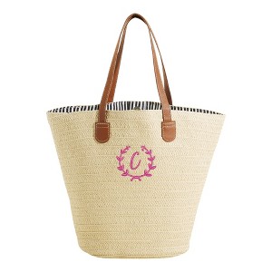 Personalization Mall Floral Wreath Embroidered Initial Straw Beach Bag - 1 of 1