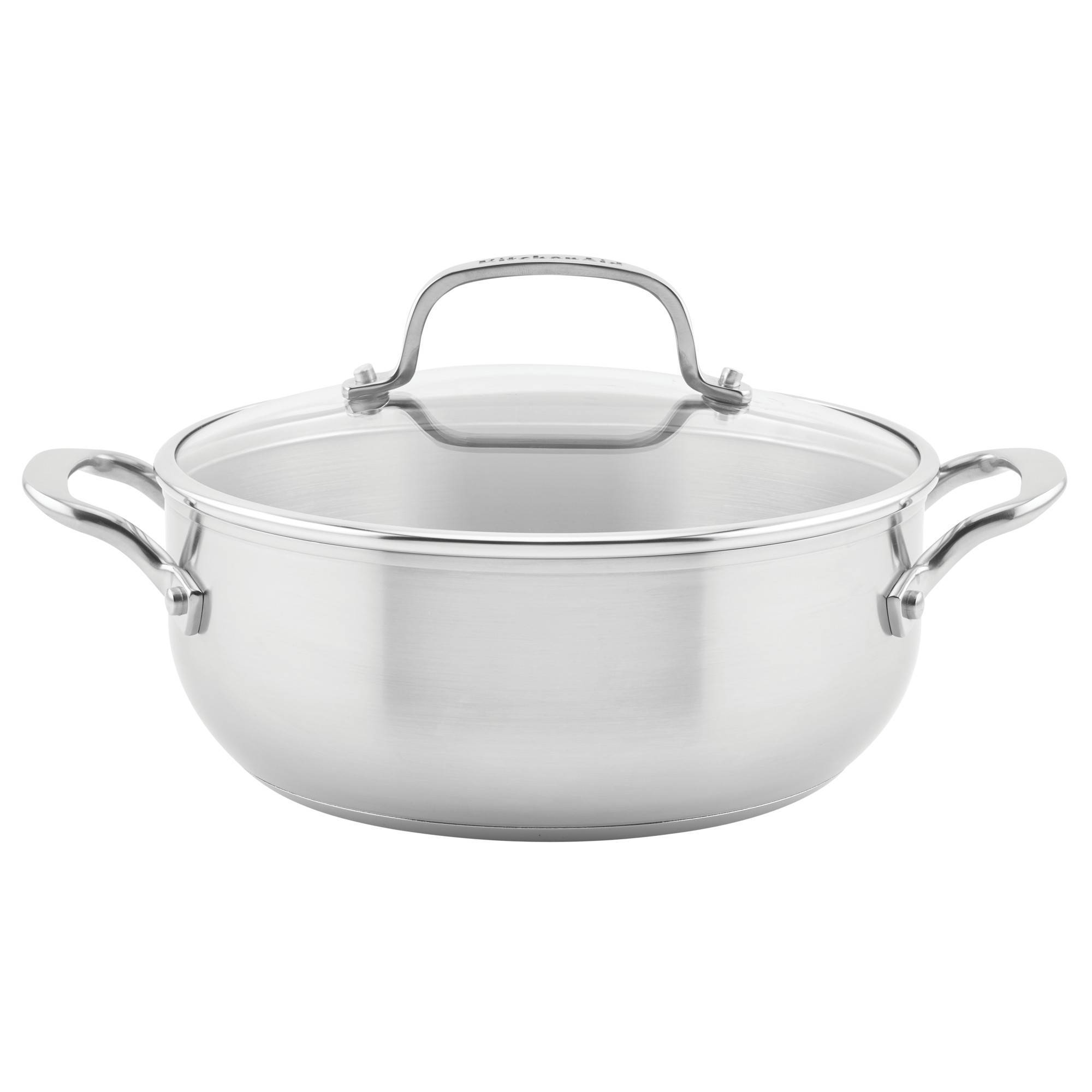 KitchenAid 3-Ply Base Stainless Steel 4qt Casserole with Lid: Round Baking Dish, Tempered Glass Lid, Dishwasher & Oven Safe