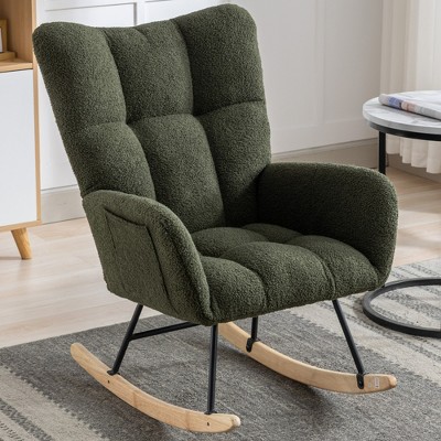 Aukfa Soft Teddy Fabric Rocking Chair w/Pocket - Ergonomic Nursery Glider, Solid Wood Base, 253LB Capacity for Living Room & Bedroom