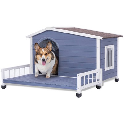 Gulches Large Wooden Dog House with Terrace and Waterproof Roof for Small to Medium Dogs