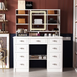 Hitow White 3 Mirrored Dresser with Lighting and Storage Drawers Carved Handles - 1 of 4
