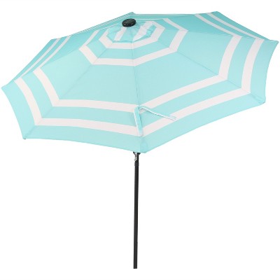 Sunnydaze Outdoor Aluminum Pool Patio Umbrella with Solar LED Lights, Tilt, and Crank - 9' - Teal Stripe