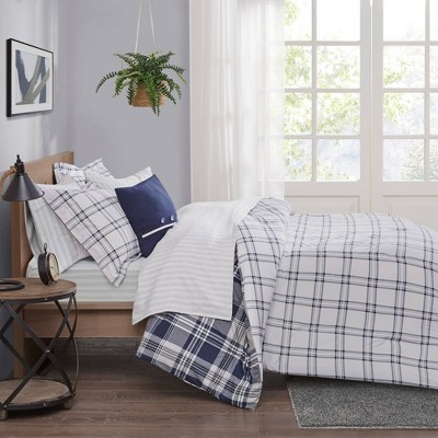 Navy Plaid Reversible Microfiber Queen Bed in a Bag Set