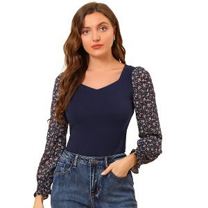 INSPIRE CHIC Women's Sweetheart Neck Contrast Color Floral Chiffon Sleeve Tops - 1 of 4