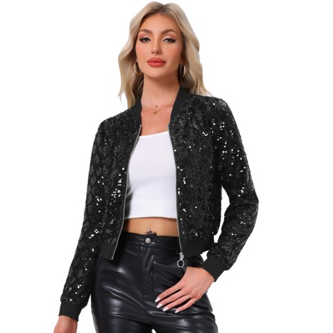 INSPIRE CHIC Women's Sequin Long Sleeve Zipper Up Glitter Bomber Jacket Large Black
