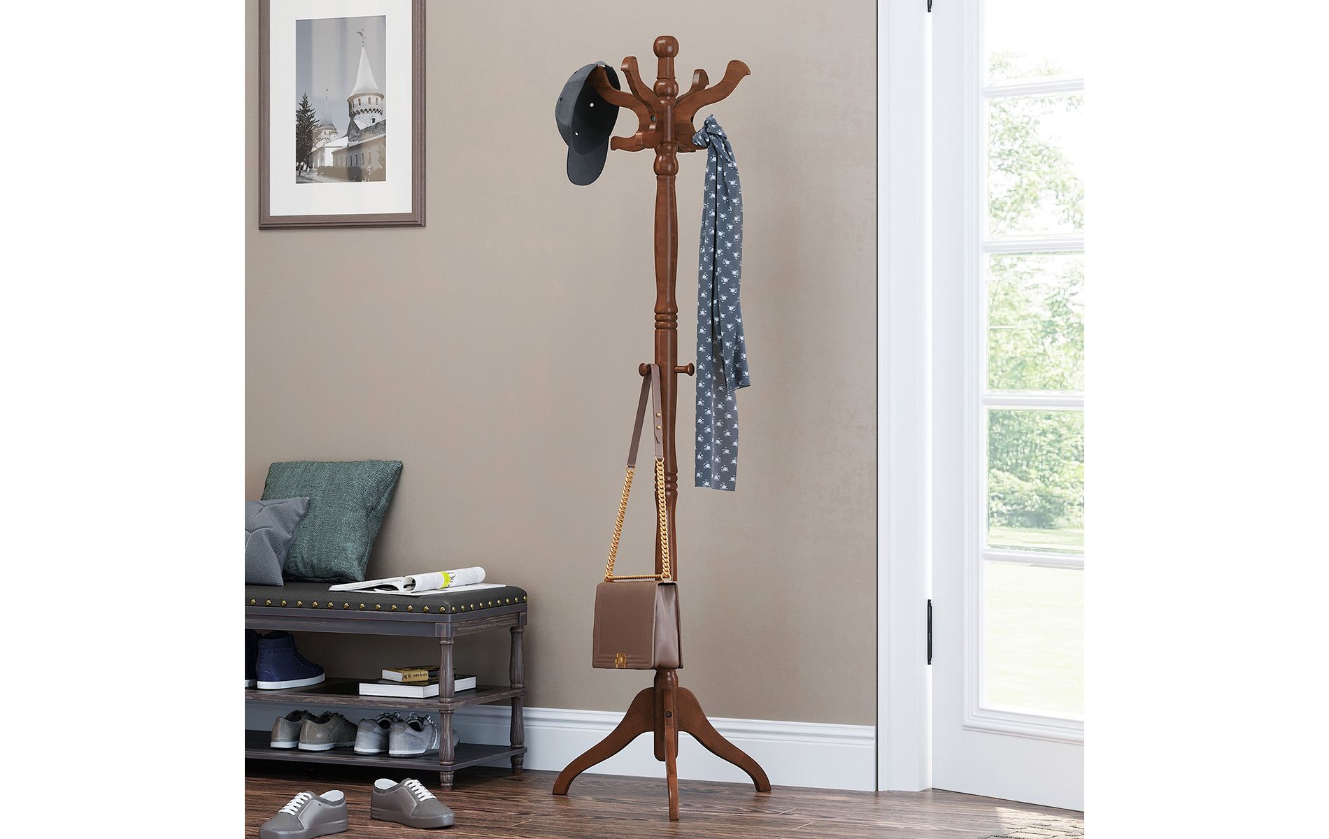 Solid Wood Coat Stand, Freestanding Hall Tree with 11 Hooks & Triple Leg Base, 121 lb Capacity for Entryway Hallway