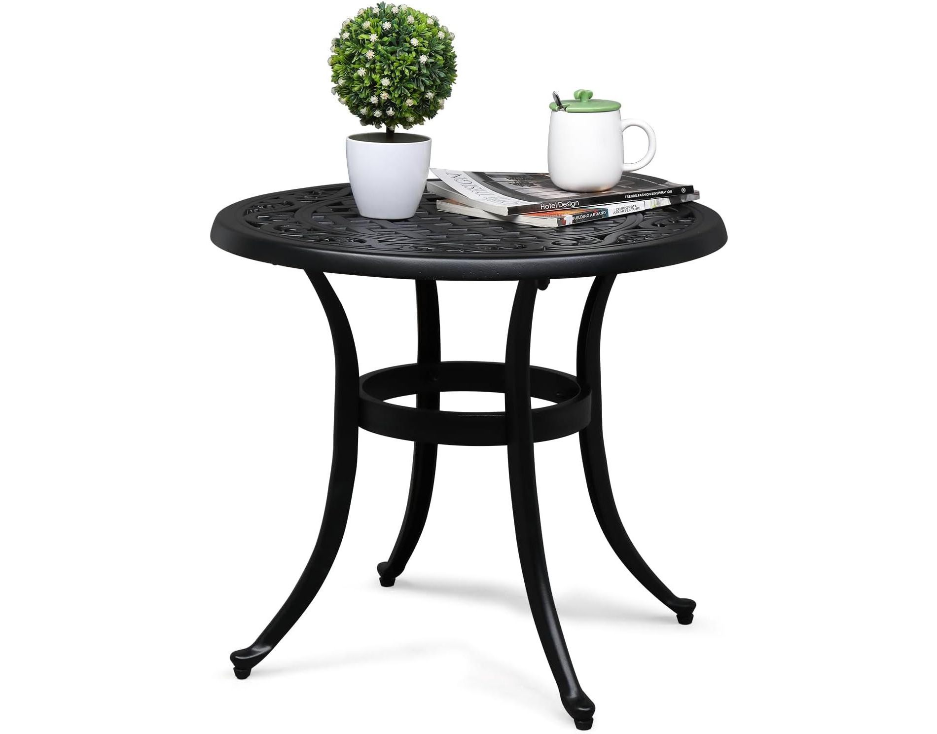 VINGLI 24” Cast Aluminum Outdoor Side Table, All Weather Round Patio Side Table End Table for Porch Backyard Balcony Outside (Black)
