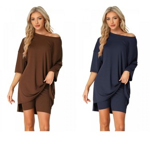 INSPIRE CHIC Women's 2 Pcs Knit Loungewear 3/4 Sleeve T-Shirt with Bike Shorts Pajama Set - 1 of 4
